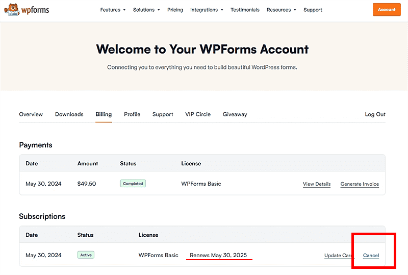 Contact Form by WPForms有料版解約方法