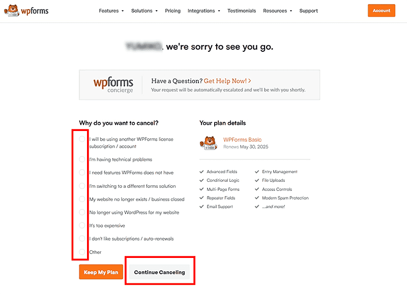 Contact Form by WPForms有料版解約方法