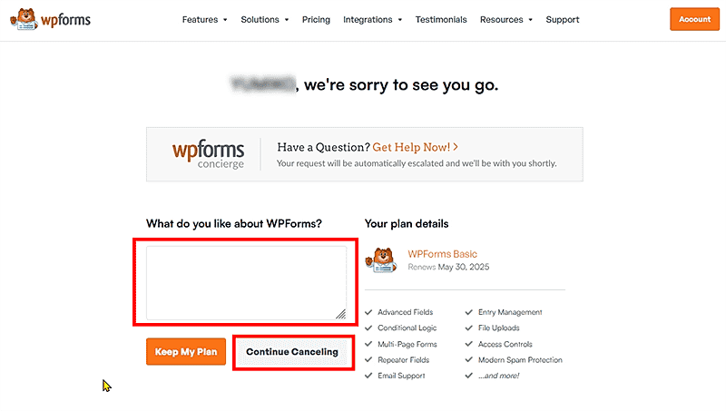 Contact Form by WPForms有料版解約方法