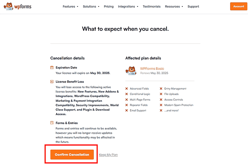 Contact Form by WPForms有料版解約方法